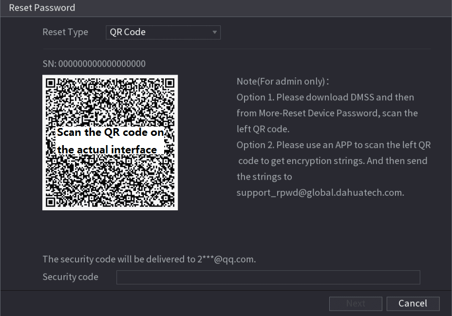 Reset Password interface with QR code
