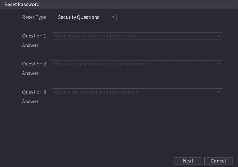 Reset Password with Security Questions selected