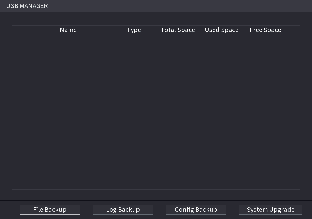 USB MANAGER interface with Name, Type, Total Space, Used Space, Free Space columns and File Backup, Log Backup, Config Backup, System Upgrade buttons