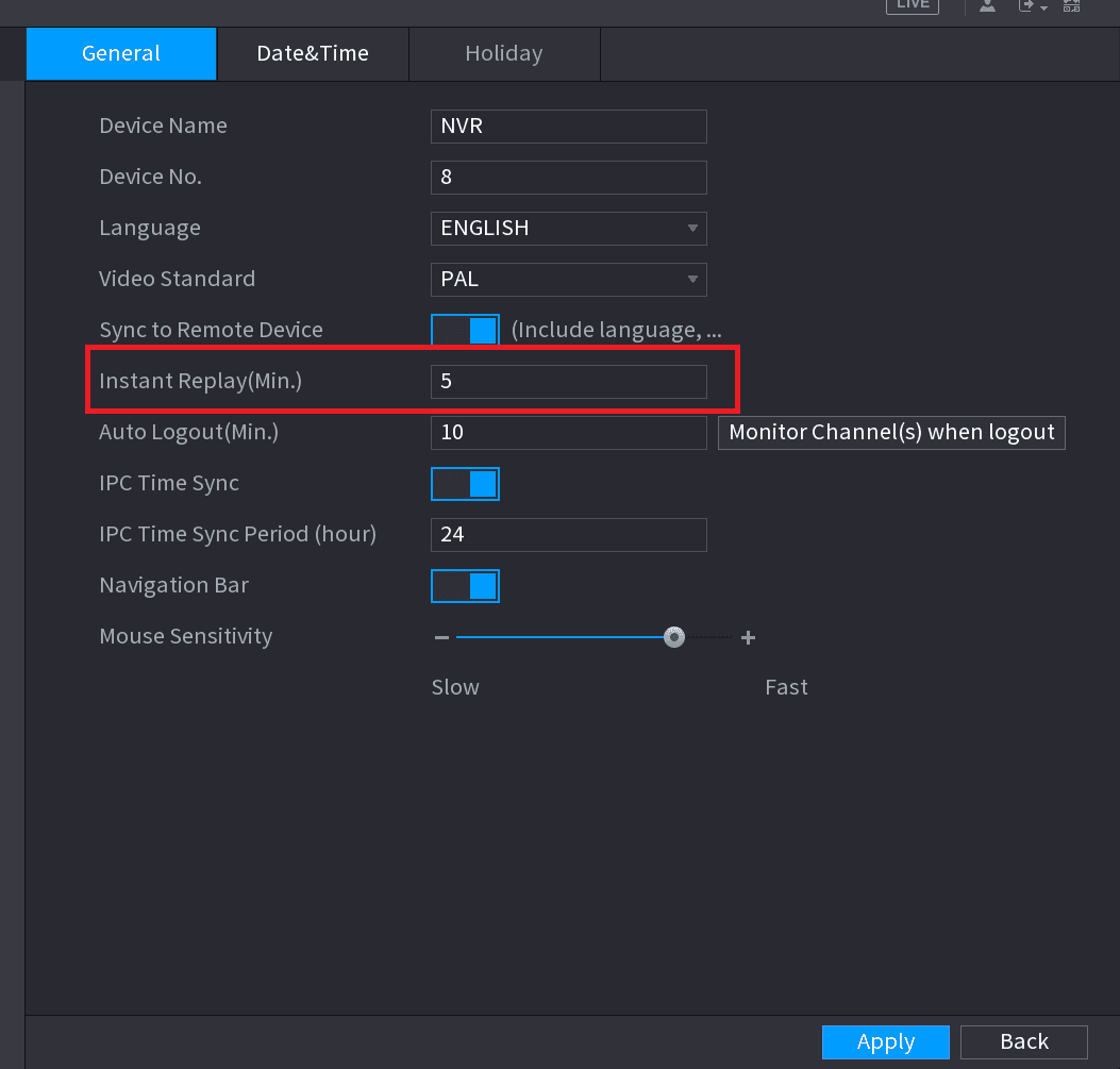 General settings interface with the Instant Replay (Min.) field highlighted