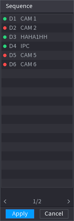 Sequence panel listing channels D1 CAM 1 through D6 CAM 6 with online/offline indicators and Apply/Cancel buttons