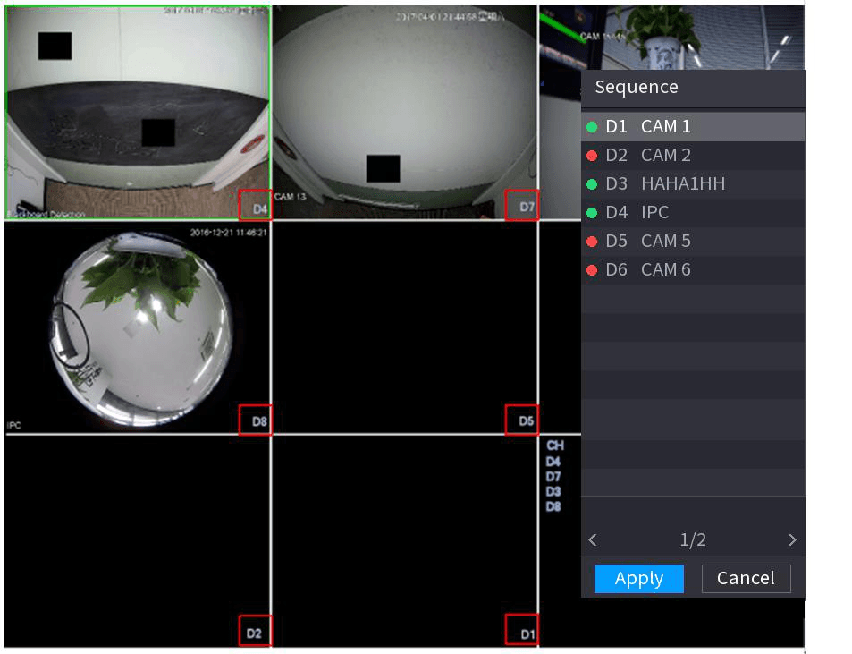 Sequence edit view with the channel number shown at the bottom-right corner of each preview window