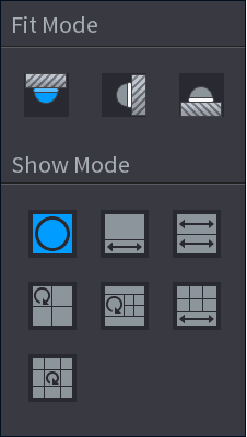 Fisheye panel with Fit Mode installation options and Show Mode de-warp layout options