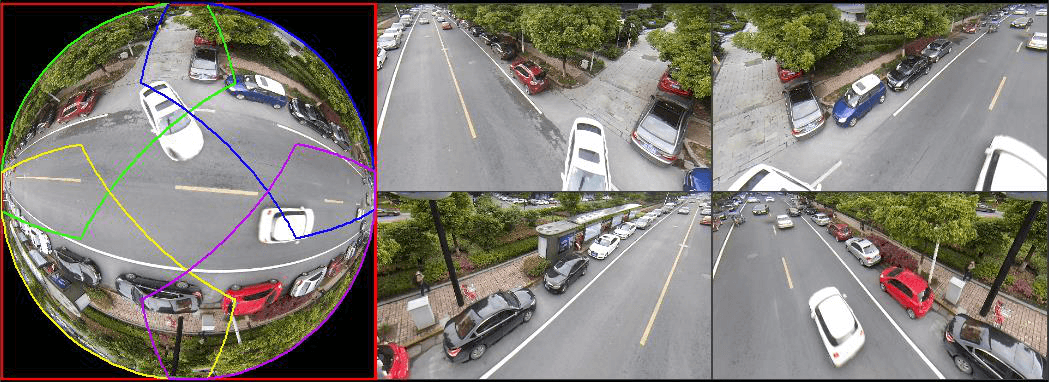 Fisheye de-warp result showing the original 360° panorama on the left with adjustable de-warp windows on the right