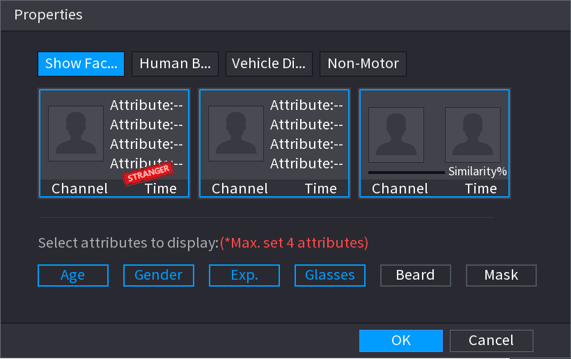 Properties dialog on the Show Face List tab with face thumbnail cards and selectable attributes age, gender, expression, glasses, beard, mask