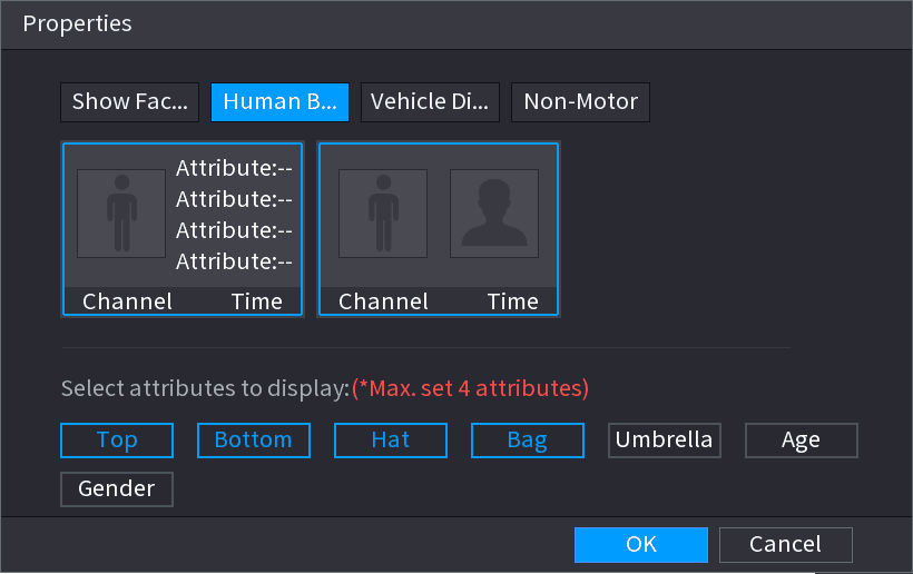 Properties dialog on the Human Body tab with body thumbnail cards and selectable attributes top, bottom, hat, bag, umbrella, age, gender