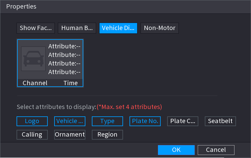 Properties dialog on the Vehicle Display tab with a vehicle thumbnail card and selectable attributes logo, vehicle color, type, plate no., plate color, seatbelt, calling, ornament, region