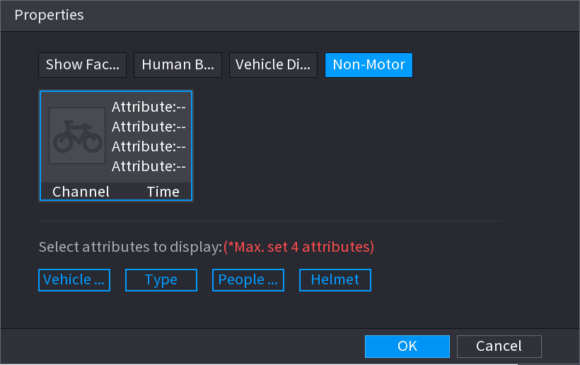Properties dialog on the Non-Motor tab with a non-motor vehicle thumbnail card and selectable attributes vehicle color, type, people number, helmet