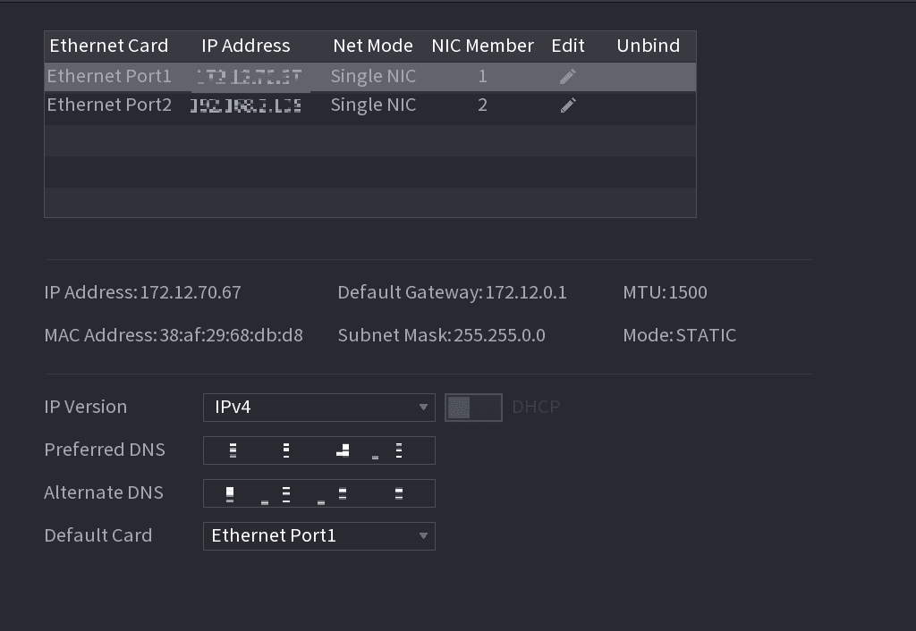 TCP/IP interface showing Ethernet card list, IP information, and DNS settings
