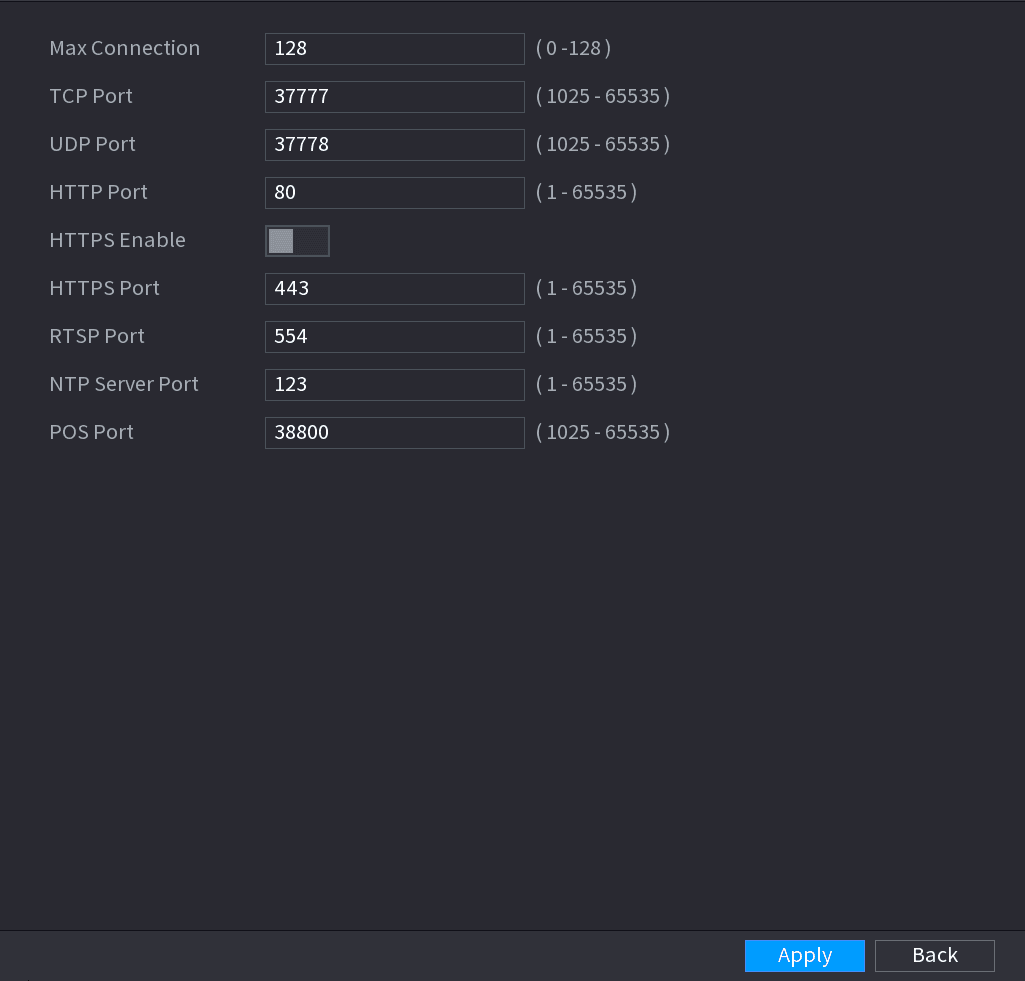 PORT interface listing maximum connection and port numbers
