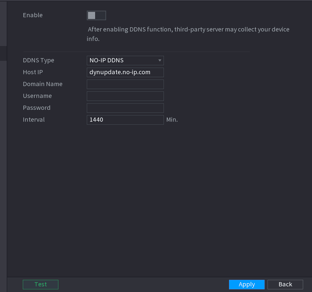 DDNS interface with DDNS type, host IP, domain name, and account fields