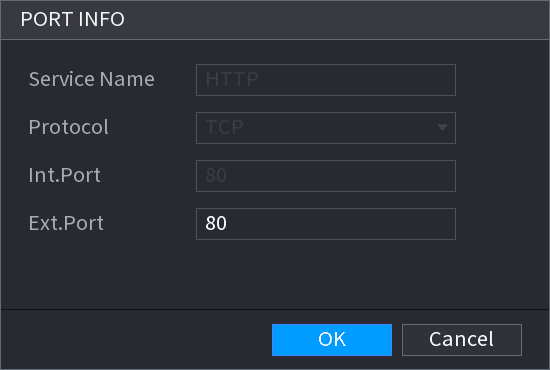 PORT INFO dialog box for editing the service name, protocol, internal port, and external port