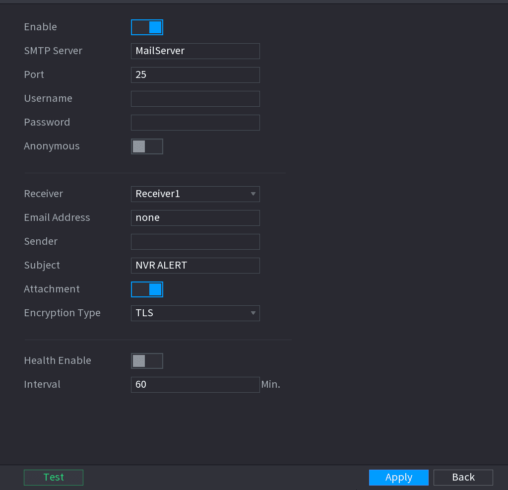 EMAIL interface with SMTP server, account, mail receiver, and health test settings