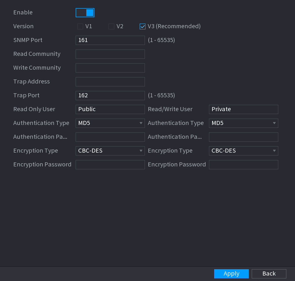 SNMP interface with version, ports, community strings, and authentication settings