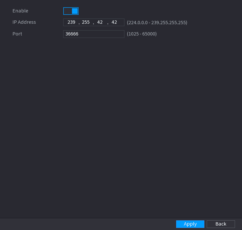 MULTICAST interface with enable toggle, IP address, and port fields
