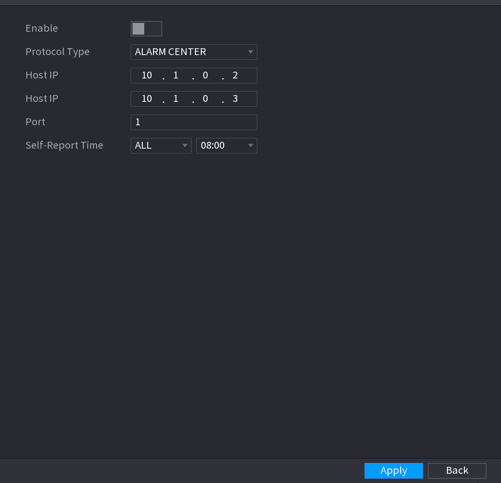 ALARM CENTER interface with protocol type, host IP, port, and self-report time settings