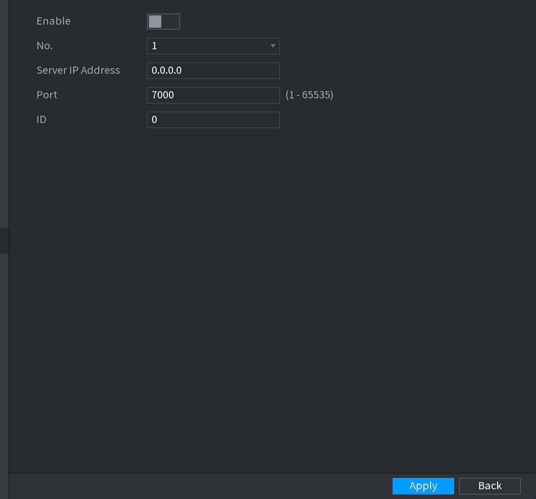 REGISTER interface with enable toggle, server IP address, port, and sub service ID