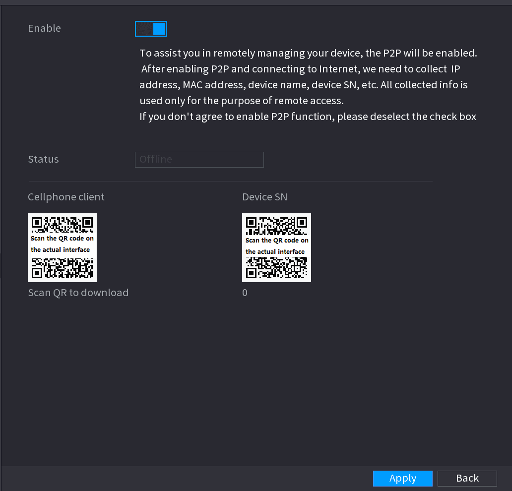 P2P interface with enable toggle, status, and QR codes for cell phone client and device SN