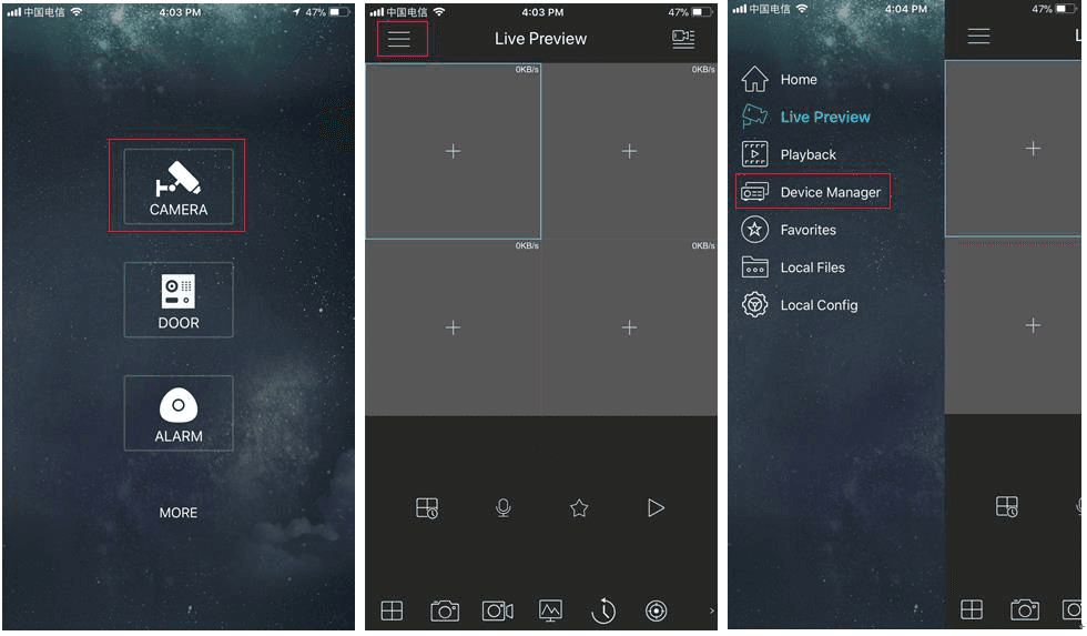Mobile App screens for selecting Camera and opening Device Manager