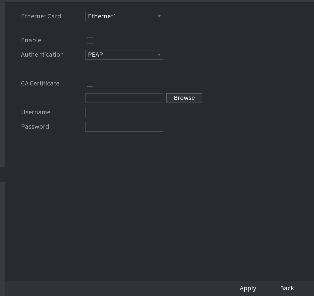802.1x interface with PEAP authentication selected