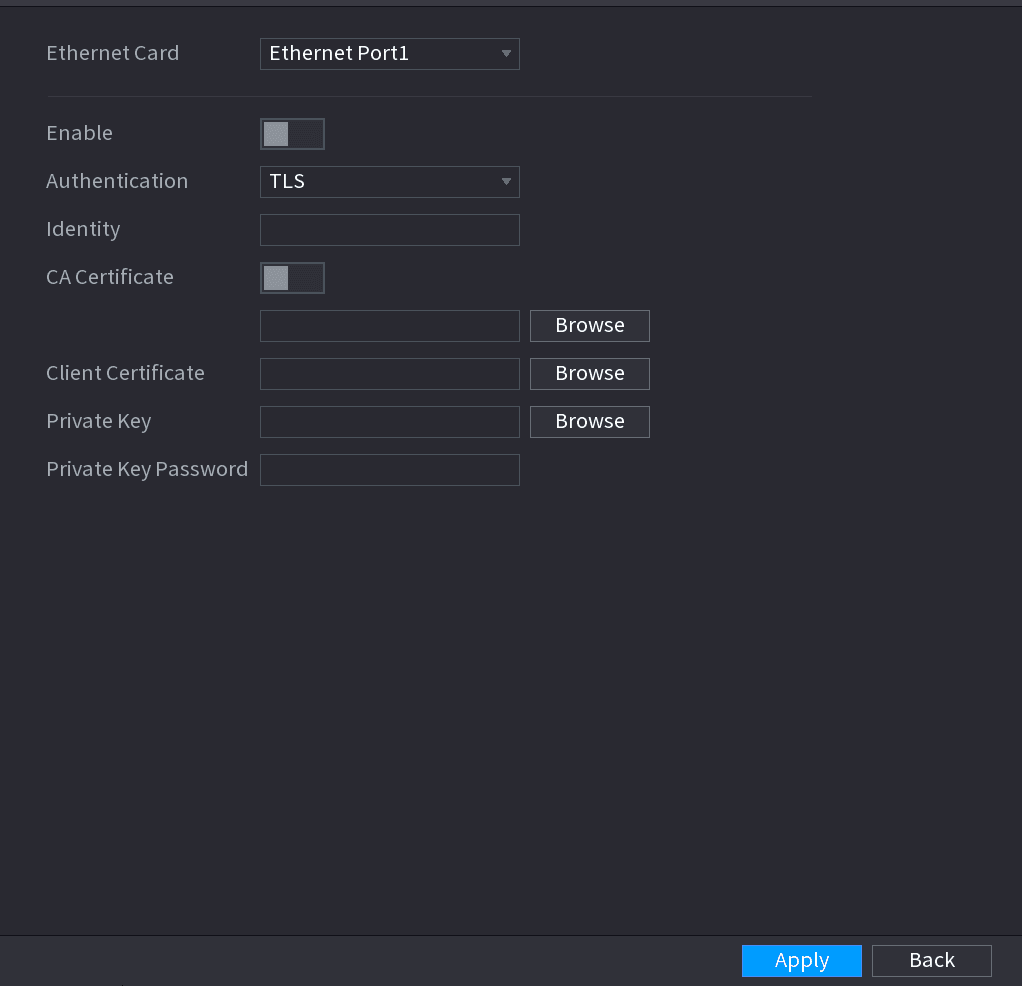 802.1x interface with TLS authentication showing certificate and private key options