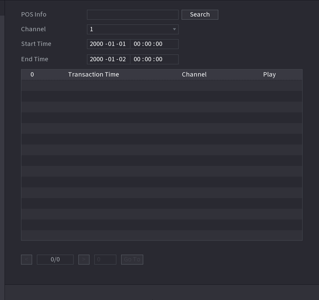 POS SEARCH interface with POS Info, Channel, Start Time, and End Time fields above an empty transaction results table