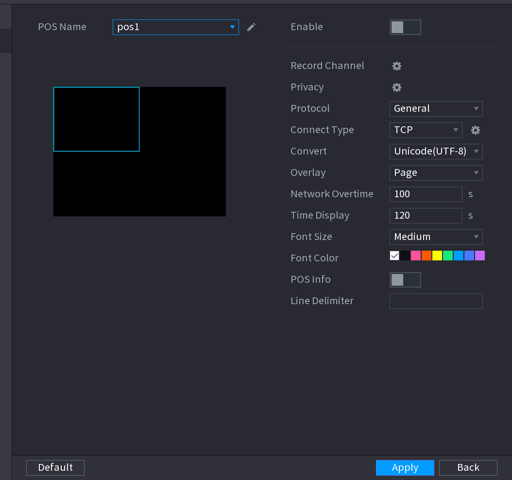 POS SETUP interface showing POS Name, Enable, Record Channel, Privacy, Protocol, Connect Type, Convert, Overlay, Network Overtime, Time Display, Font Size, Font Color, POS Info, and Line Delimiter settings