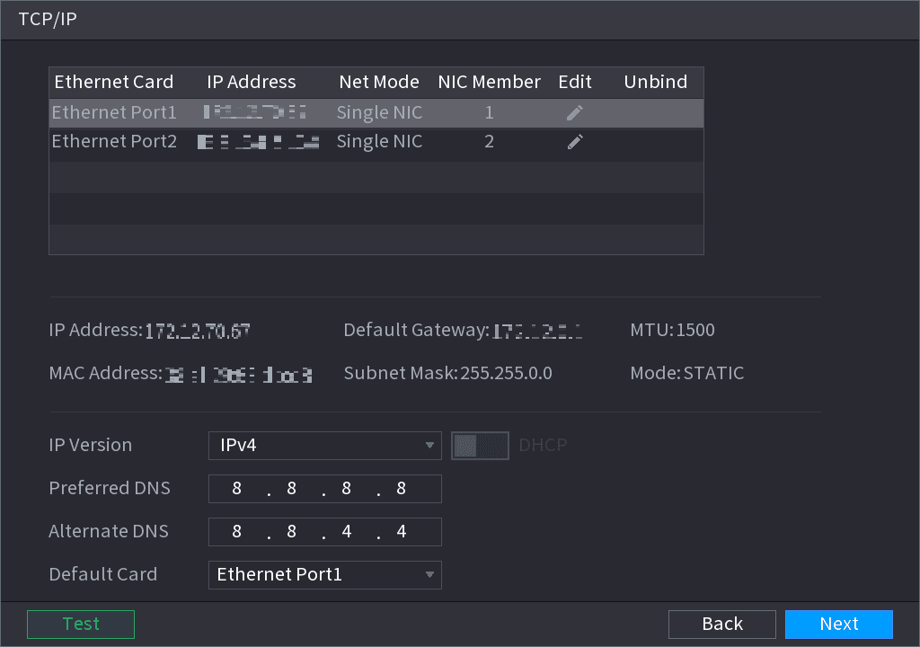 TCP/IP 界面,列出各以太网卡及其网络参数
