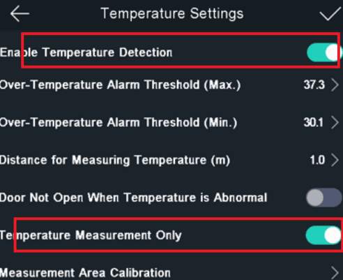 Temperature Settings med Enable Temperature Detection og Temperature Measurement Only slått på