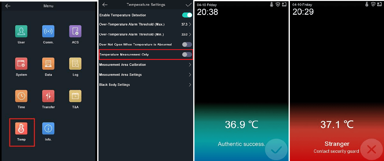 Meny, Temperature Settings og resultatskjermer i modus for kun temperaturmåling