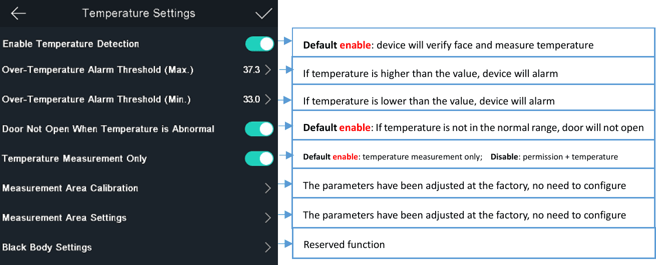 Skjermbildet Temperature Settings med grenseverdier og målealternativer