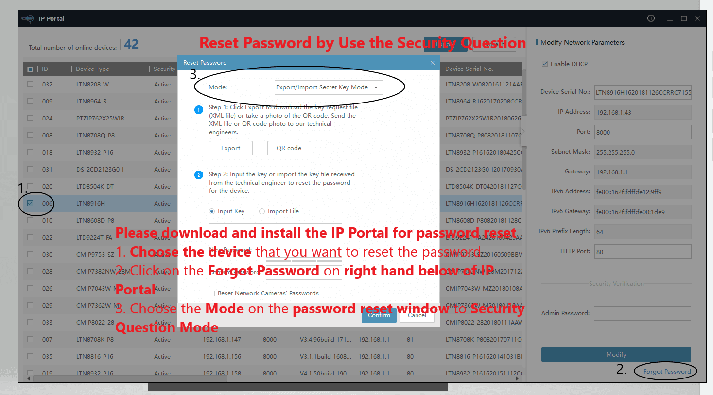 デバイスを選択し、Forgot Password をクリックして Security Question Mode を選ぶ