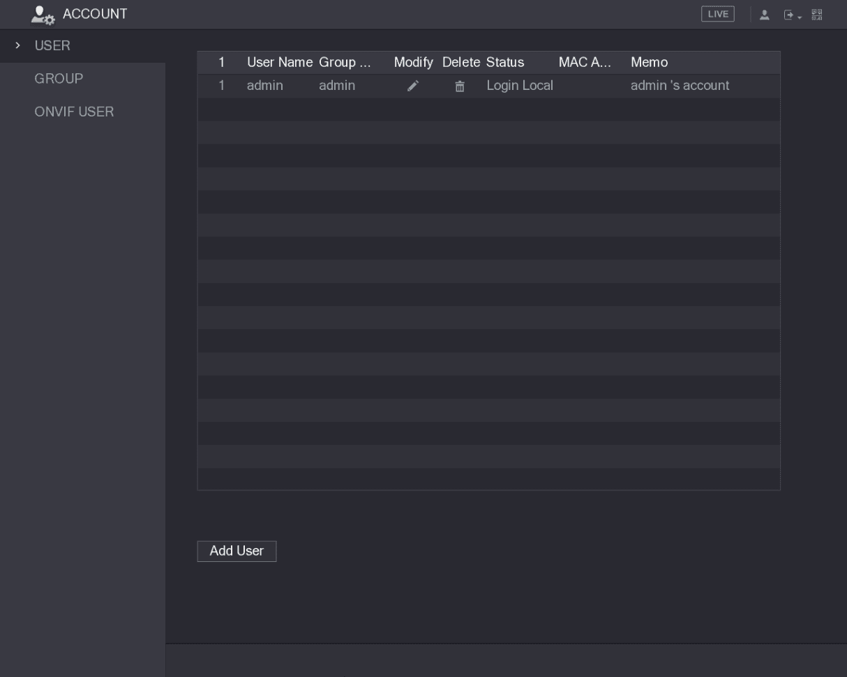 USER tab of the ACCOUNT menu listing the admin account with its group, modify, delete, status, MAC address, and memo columns