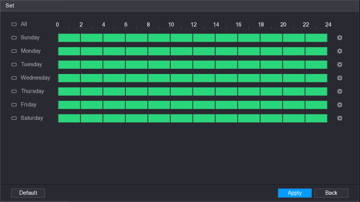 Set interface showing a weekly timeline from 0 to 24 hours for Sunday through Saturday, with all days active and a gear icon at the end of each row