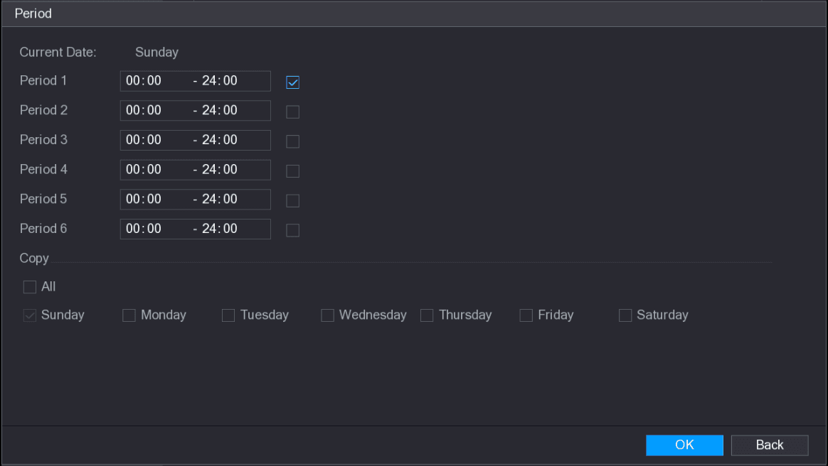 Period interface for Sunday with six period rows, each defining a start and end time and an enable check box, and a Copy area to apply the settings to All or specific days