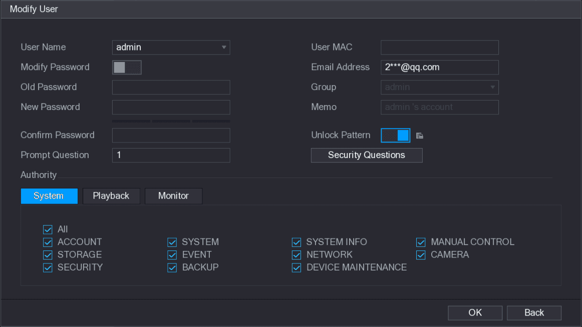 Modify User interface for the admin account with user name, modify password toggle, old/new/confirm password, prompt question, user MAC, email address, group, memo, unlock pattern toggle, Security Questions button, and the Authority area