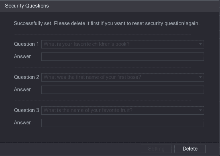 Security Questions interface with three questions, each with a question list and an answer box, and Setting and Delete buttons