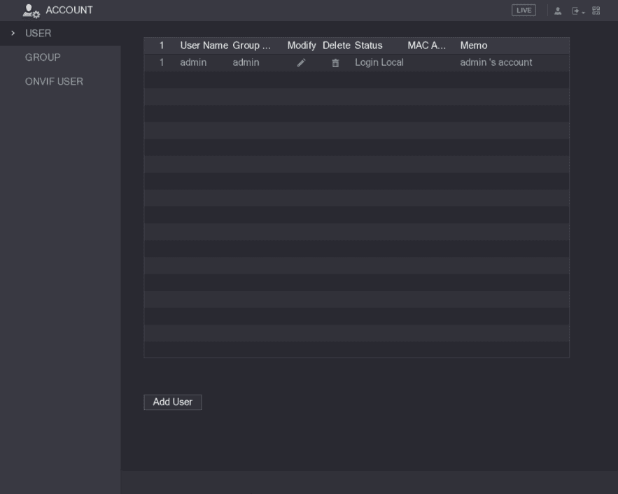 USER tab of the ACCOUNT menu listing the admin account with modify and delete options