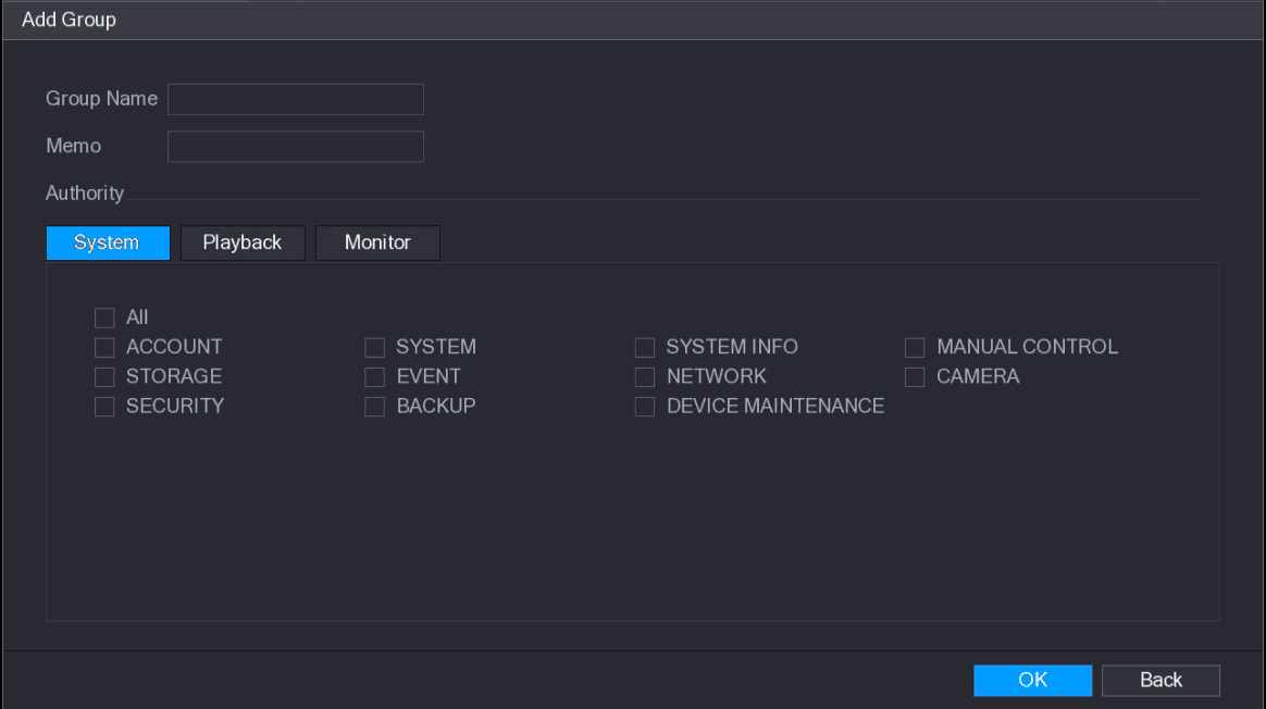 Add Group interface with group name, memo, and the Authority area with System, Playback, and Monitor tabs