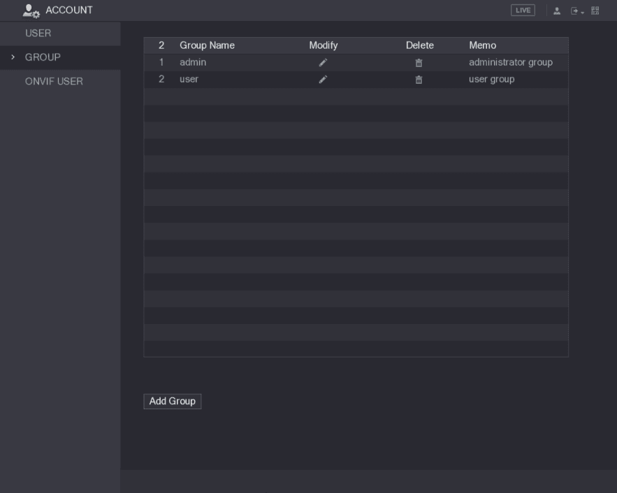 GROUP tab of the ACCOUNT menu listing the admin and user groups with modify and delete options