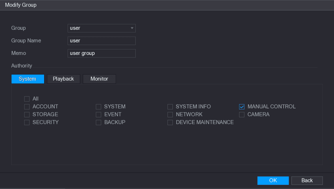Modify Group interface for the user group with group, group name, memo, and the Authority area showing Manual Control selected