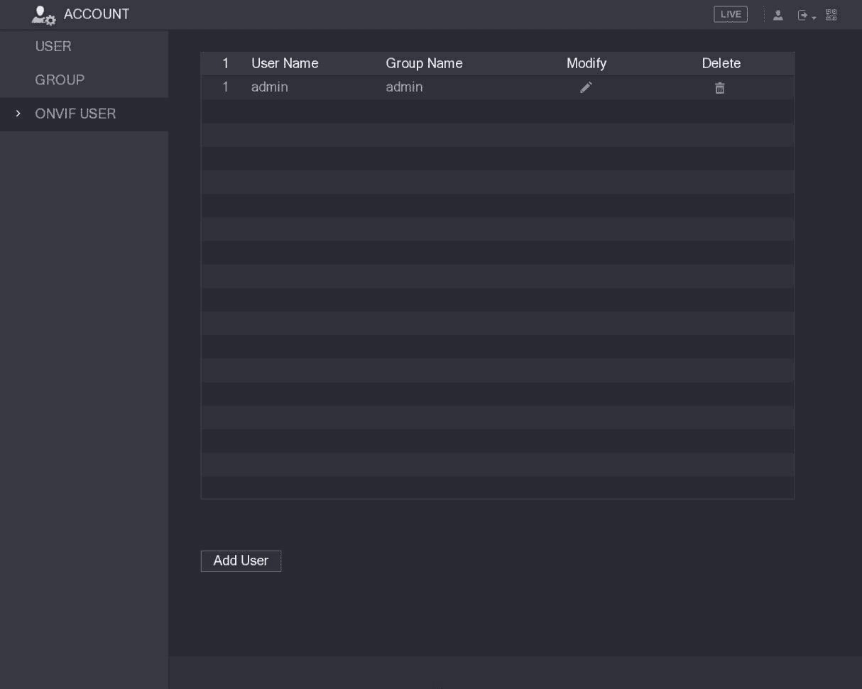 ONVIF USER tab of the ACCOUNT menu listing the admin user with its group, modify, and delete options