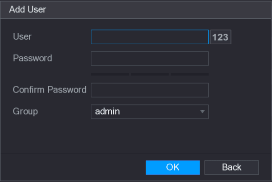 Add User dialog for an ONVIF account with user name, password, confirm password, and group fields