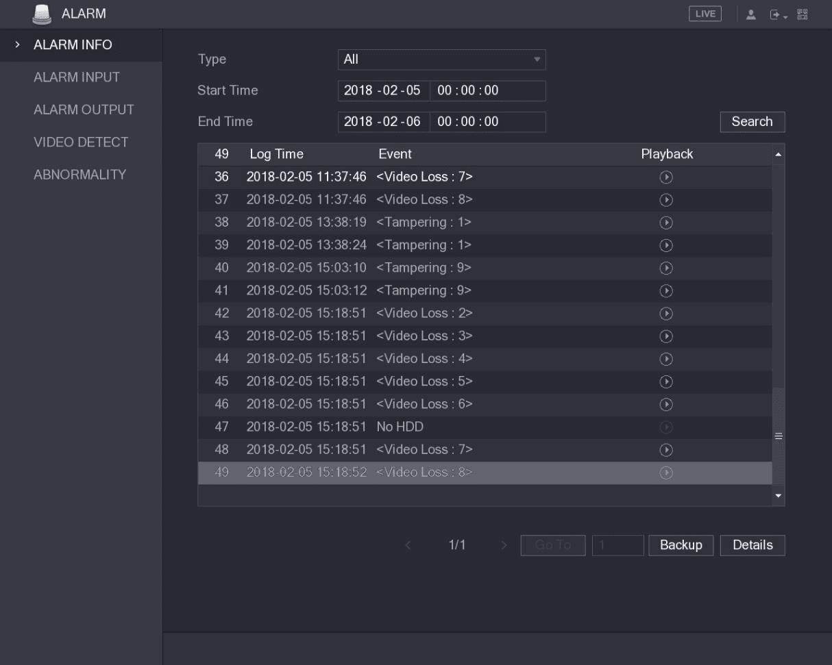 ALARM INFO interface listing alarm events with log time, event, and playback columns