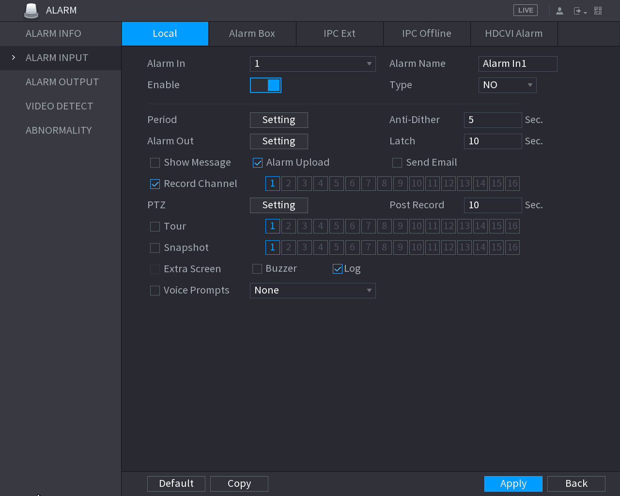 Local alarm input configuration interface