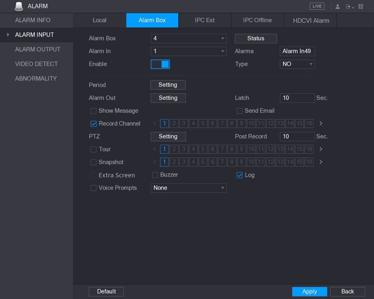 Alarm Box alarm input configuration interface
