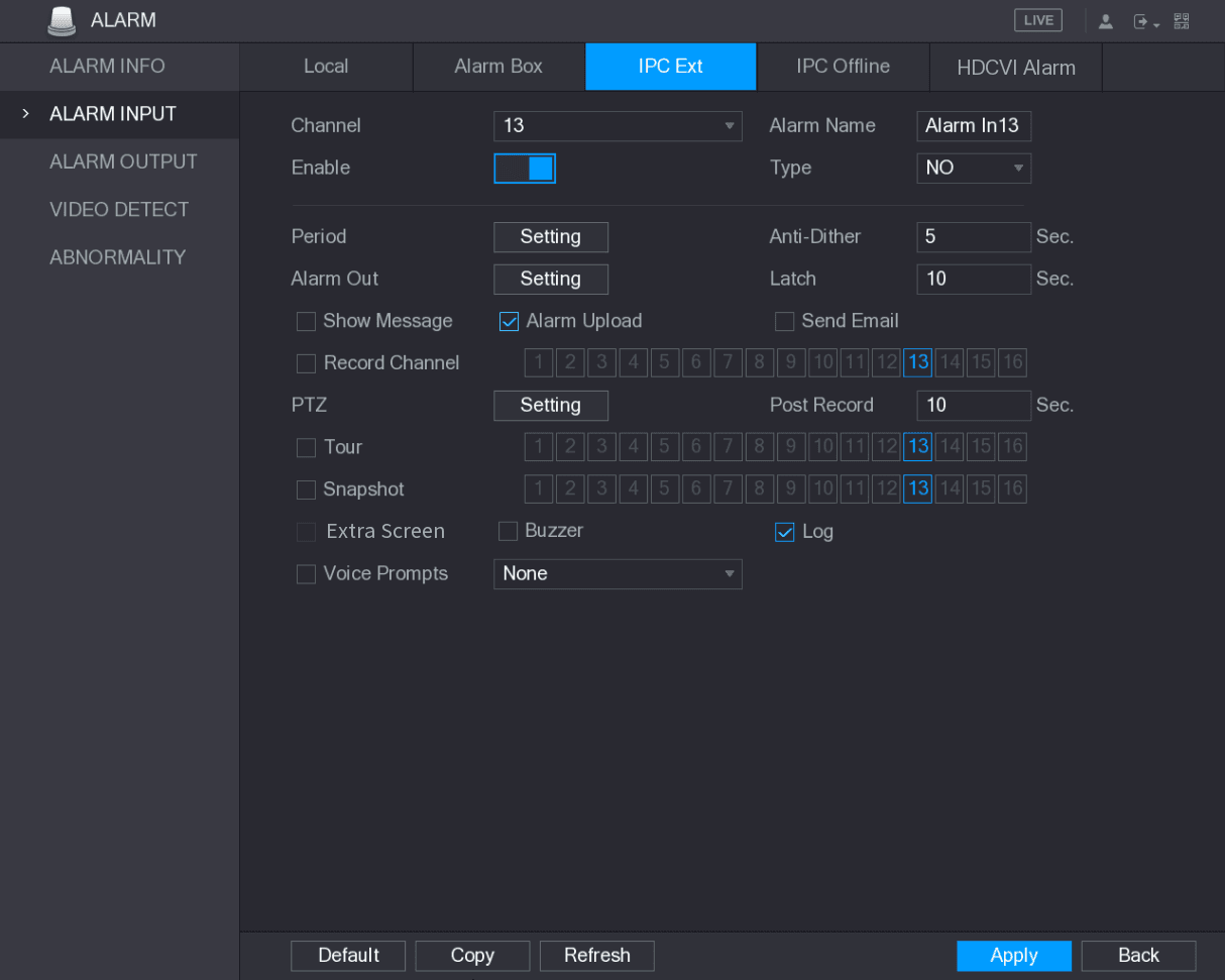 IPC Ext external IP camera alarm input configuration interface