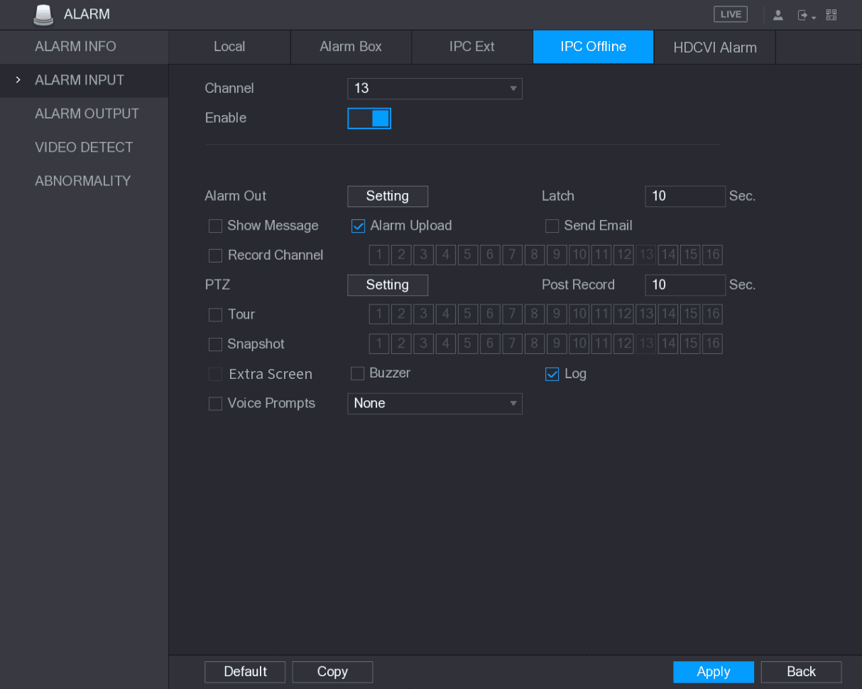 IPC Offline alarm input configuration interface