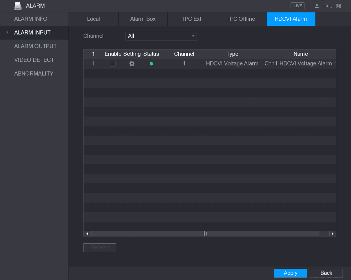 HDCVI Alarm input configuration interface