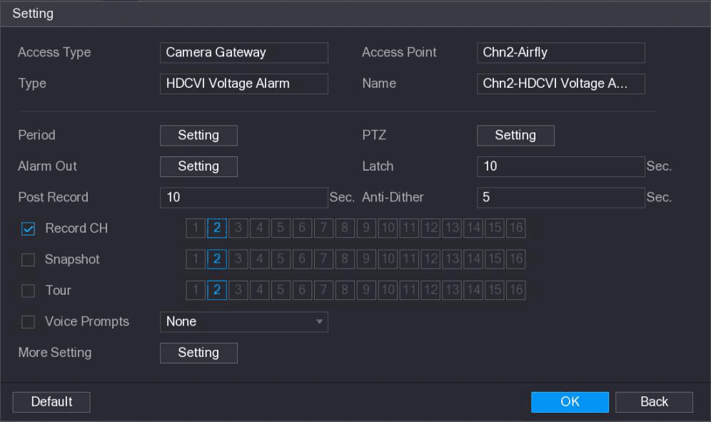 HDCVI Alarm Setting dialog